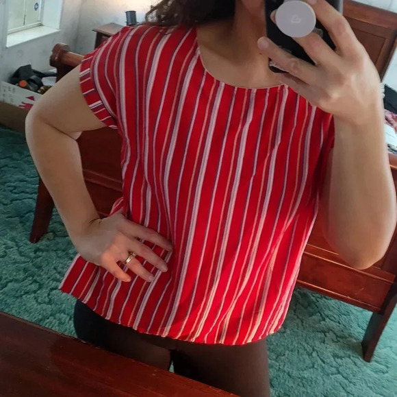Anthropologie Red Striped Short Sleeve Blouse Sz M - Picture 3 of 10